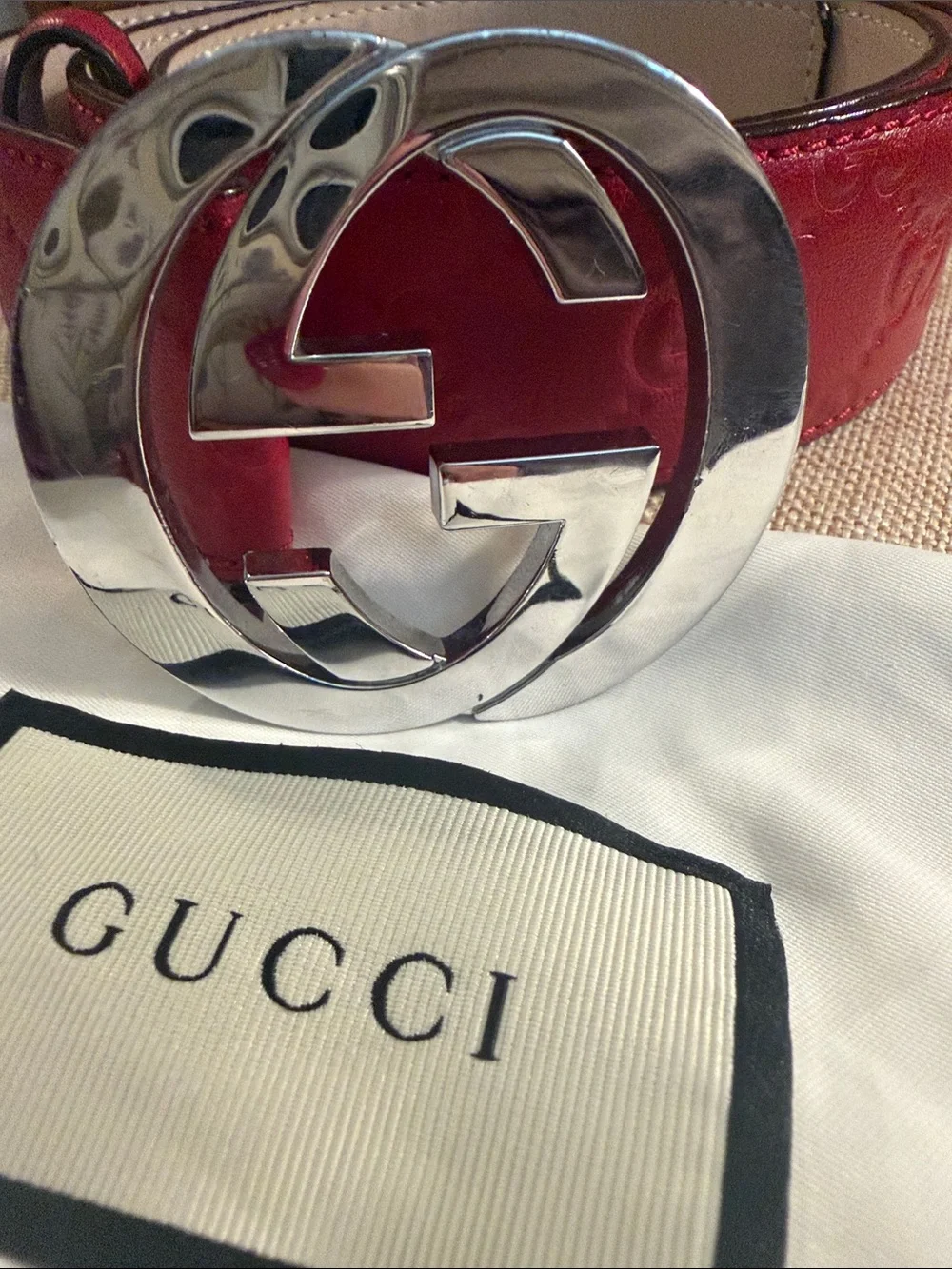 GUCCI WOMENS RED BELT SZ 85 Embossed GG BELT worn twice!Excellent. Dust bag too!